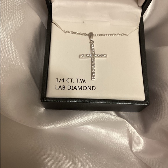 Jewelry - Sterling silver cross necklace NIB 14 C.T. T.W. 18” long diamond cross